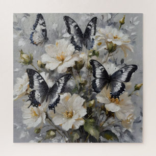 Puzzle Papillons Noir Et Blanc Sur Fleurs Blanches,