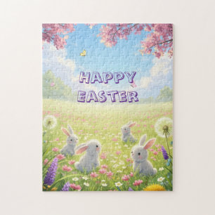 Puzzle Pâques Lavande Mignon Lapin Blanc Floral Printemps
