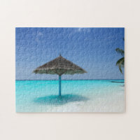 Parapluie de chaume sur la plage tropicale Turquoi