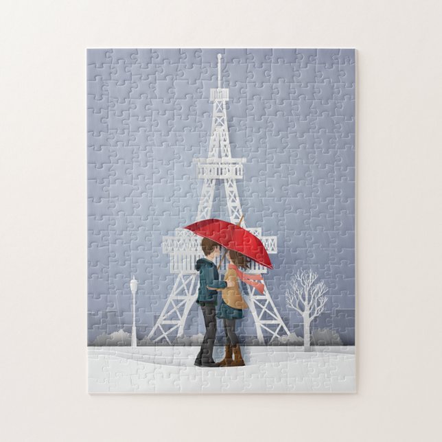 Puzzle Parapluie Rouge À Paris Couple Valentines (Vertical)