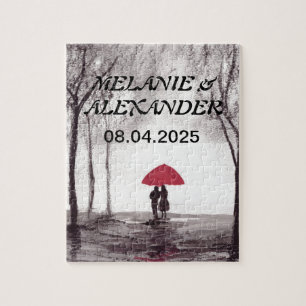 Puzzle Parapluie rouge amour couple aquarelle mariage jig