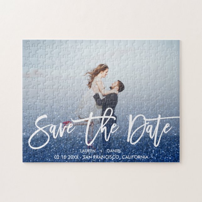 Puzzle Parties scintillant bleue Script photo mariage enr (Horizontal)