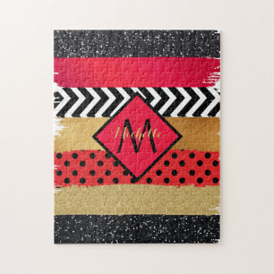 Puzzle Parties scintillant rouge Noir Brush Stroke Monogr