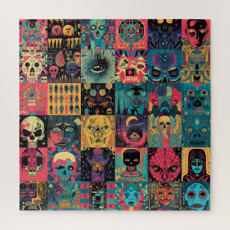 Puzzle Patchwork stylisé de crânes et de têtes
