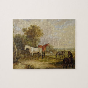Puzzle Pâturage de chevaux : Un étalon gris frôlant avec