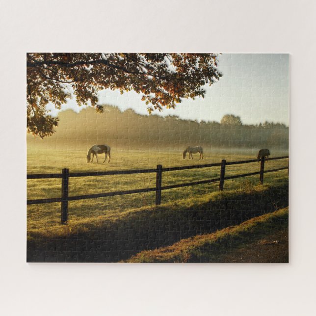 Puzzle Pâturage des chevaux au lever du soleil (Horizontal)