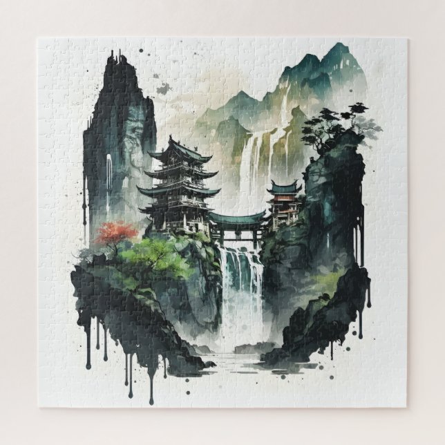 Puzzle Paysage antique de l'encre chinoise avec cascade (Vertical)