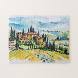 Puzzle Paysage avec des arbres de ville et de cyprès