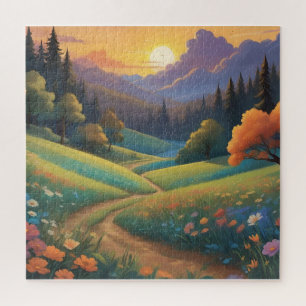 Puzzle Paysage coloré des collines du coucher de soleil