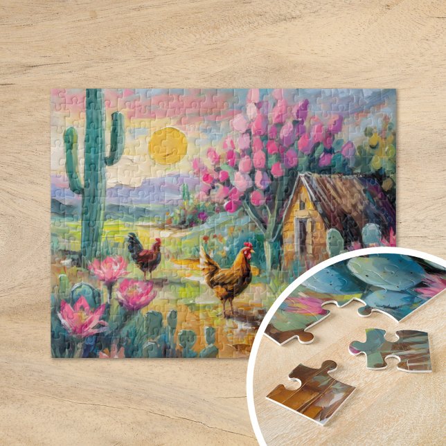 Puzzle Paysage de ferme Succulent du désert avec poulets (Créateur téléchargé)