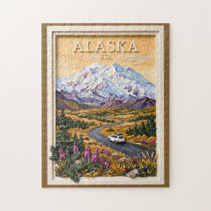 Puzzle Paysage de montagnes enneigées vintage de road tri