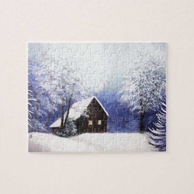 Puzzle paysage d'hiver de cabine de neige au pastel (Horizontal)