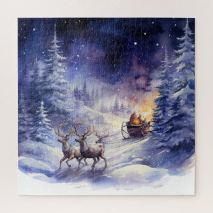 Puzzle Paysage hivernal Noël Renne et traîneau