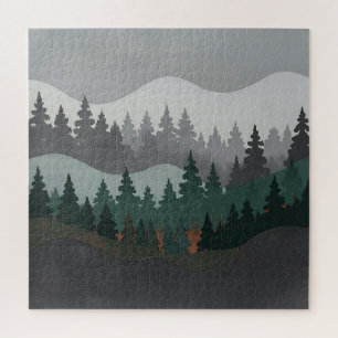Puzzle Paysage montagneux forestier de pins brumeux
