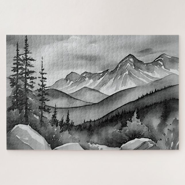 Puzzle Paysage noir et blanc peinture de montagnes (Horizontal)