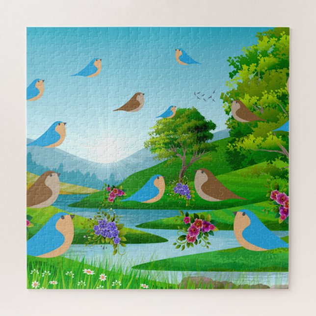 Puzzle Paysage Rivière Arbres Oiseaux Fleurs Nature, 10 a (Horizontal)