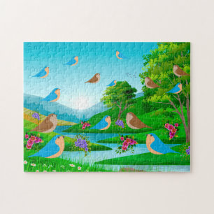 Puzzle Paysage Rivières Arbres Oiseaux Fleurs Nature, âge