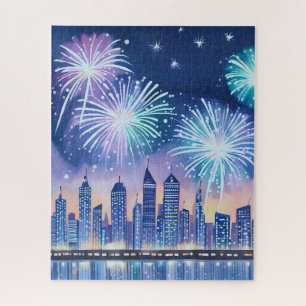 Puzzle Paysage urbain de feu d'artifice   Aquarelle numér