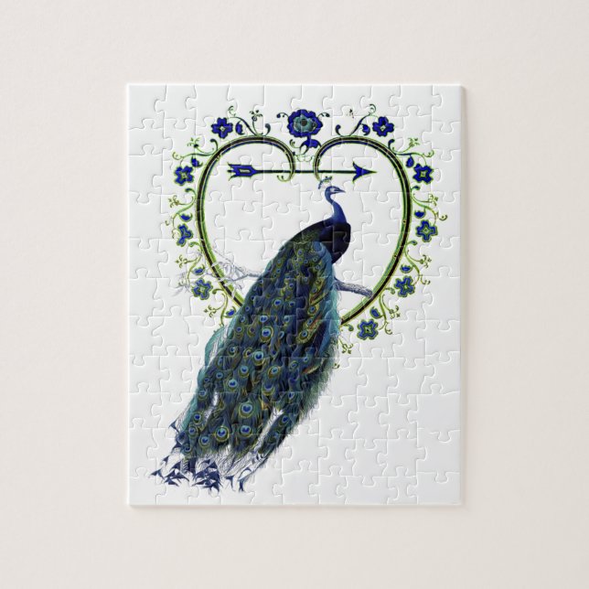 Puzzle Peacock étonnant et cadre de fleur de coeur orné (Vertical)
