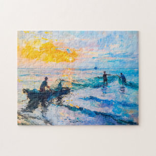 Puzzle Pêcheurs au coucher du soleil, scène côtière impre