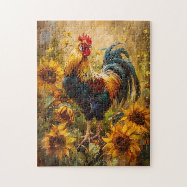 Puzzle Peinture à l'huile de coq et de tournesol (Vertical)