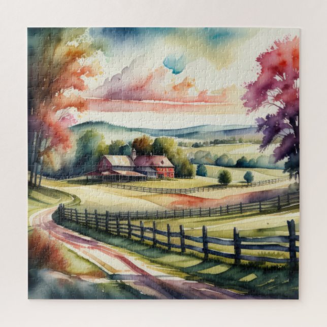 Puzzle Peinture aquarelle du paysage rural (Vertical)