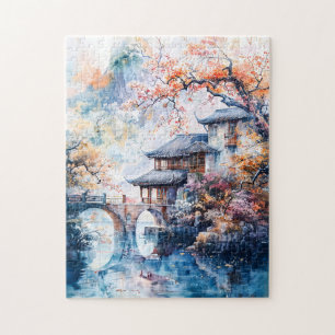 Puzzle Peinture aquarelle d'un temple chinois et de l'eau
