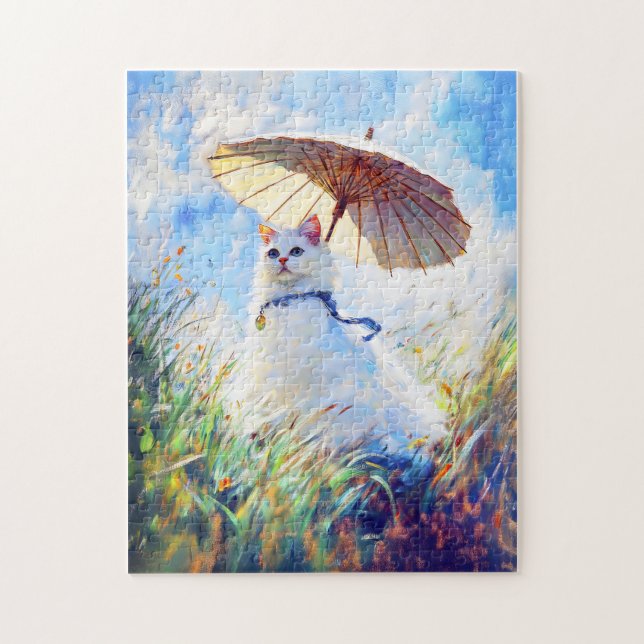 Puzzle Peinture de chat blanc avec parasol dans le champ  (Vertical)