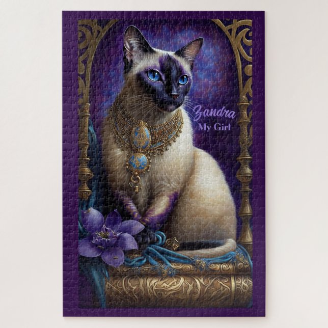 Puzzle Peinture de chats siamois, bijoux et fleurs (Vertical)