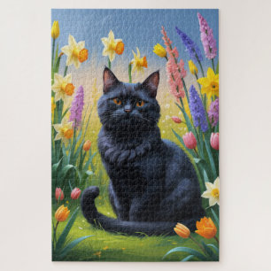 Puzzle Peinture de fleurs de printemps de chats noirs