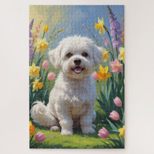 Puzzle Peinture de fleurs de printemps de chien Bichon Fr