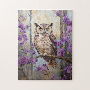 Puzzle Peinture de fleurs pourpres perchées de hibou