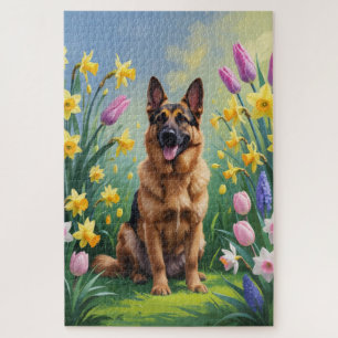 Puzzle Peinture de fleurs printanières de Berger Allemand