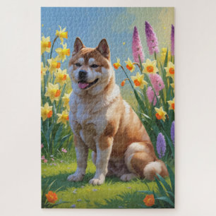 Puzzle Peinture de fleurs printanières de chien Akita