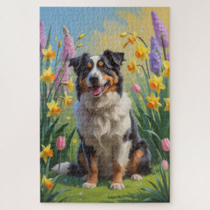 Puzzle Peinture de fleurs printanières de chien berger au