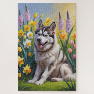 Puzzle Peinture de fleurs printanières de chien Husky sib