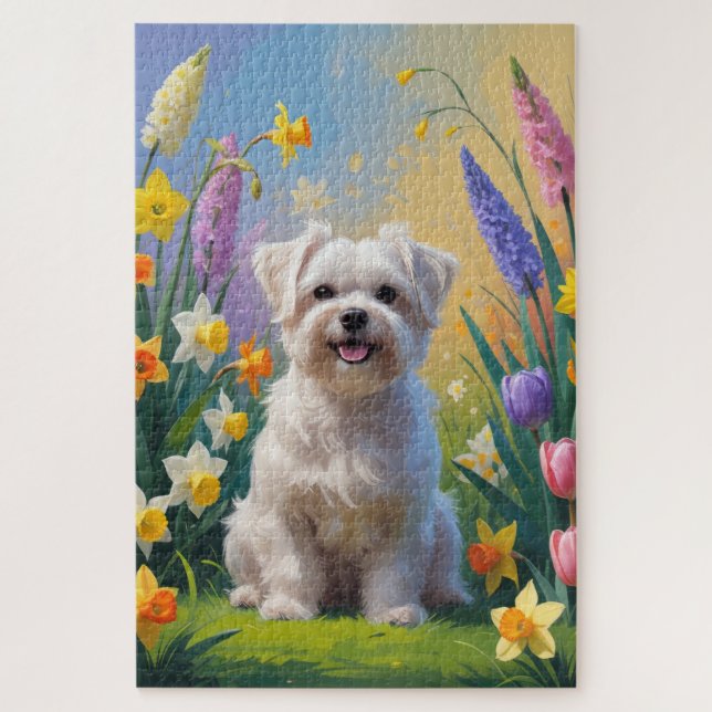 Puzzle Peinture de fleurs printanières de chien maltais (Vertical)