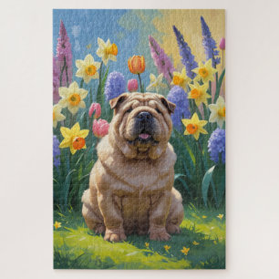Puzzle Peinture de fleurs printanières de chien Shar Pei