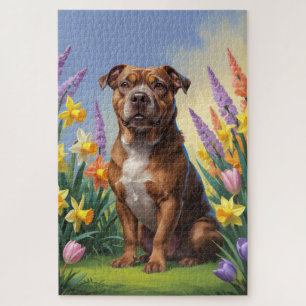 Puzzle Peinture de fleurs printanières de chien Staffords