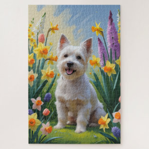 Puzzle Peinture de fleurs printanières de chien Terrier T