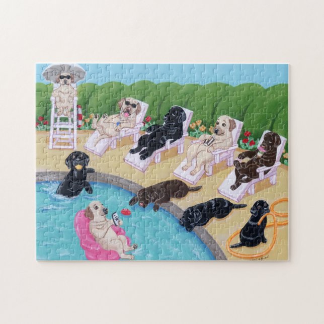 Puzzle Peinture de Labradors de partie de Poolside (Horizontal)