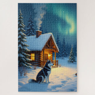 Puzzle Peinture de Noël de cabane enneigée avec Husky de