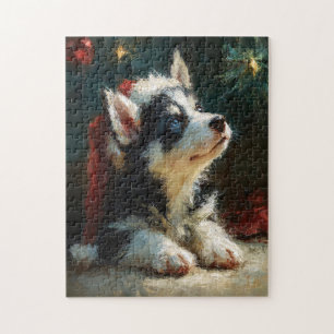 Puzzle Peinture de Noël de chiot Husky sibérien
