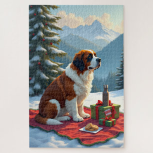 Puzzle Peinture de Noël Pique-Nique d'Hiver Saint-Bernard