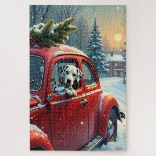 Puzzle Peinture de Noël : Trajet en voiture enneigée avec