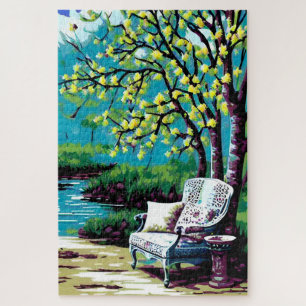 Puzzle peinture de paysage d'étang de fleurs d'arbre de b