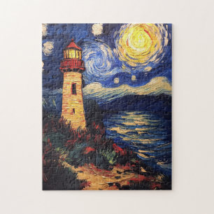 Puzzle Peinture de phare de nuit étoilée