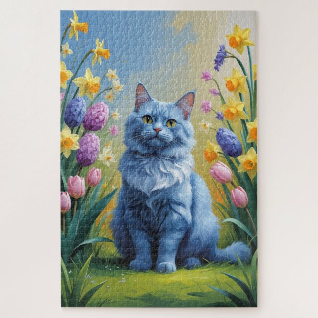 Puzzle Peinture de printemps de chats bleu russe (Vertical)