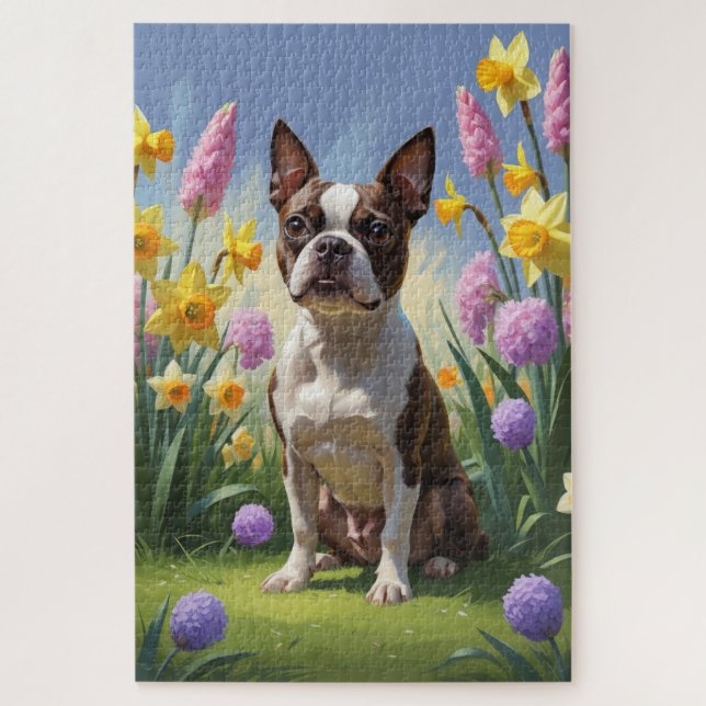 Puzzle Peinture de printemps de chien de Boston Terrier (Vertical)