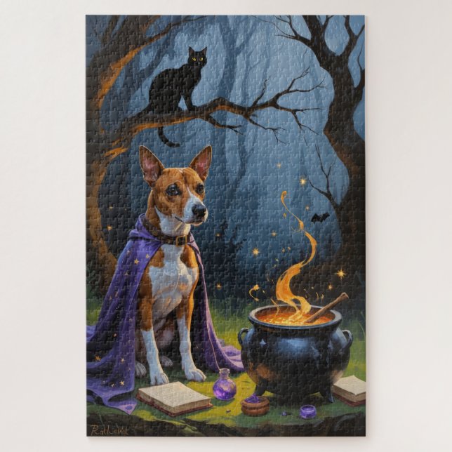 Puzzle Peinture d'Halloween lunaire de Basenji Chien (Vertical)